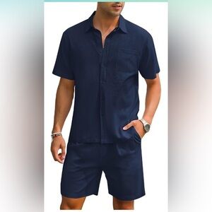 Eishopper Men Linen Outfits Casual Short Sleeve Button Down Beach Collared L
